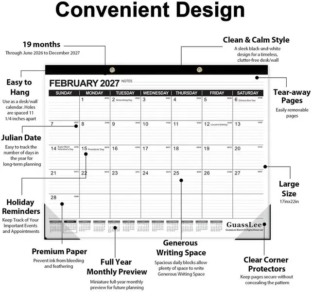 Alt view image 3 of 7 - Large Desk Calendar 2026, 3 Packs, 19 Months from Jun. 2026 to Dec. 2027, 22" x 17" Desk/Wall Calendar Hanging Planner with Julian Date, Notes, Corner Protectors for School Home Office