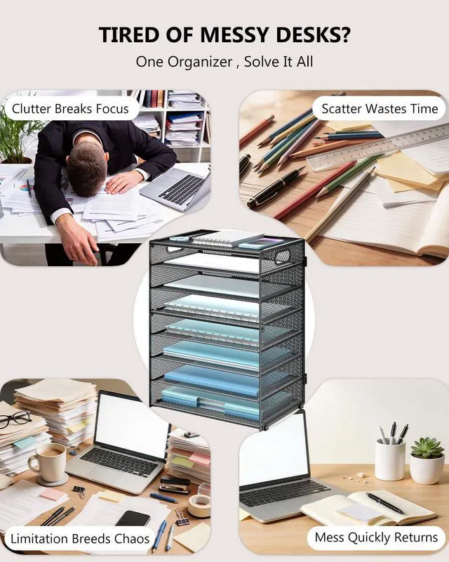 Alt view image 2 of 7 - Desk File Organizer, 8 Tier Desktop Paper Letter Tray Organizer with Handle, Office Desk Accessories & Workspace Organizers for Office, Home, School Supplies, 1 Pack, Black