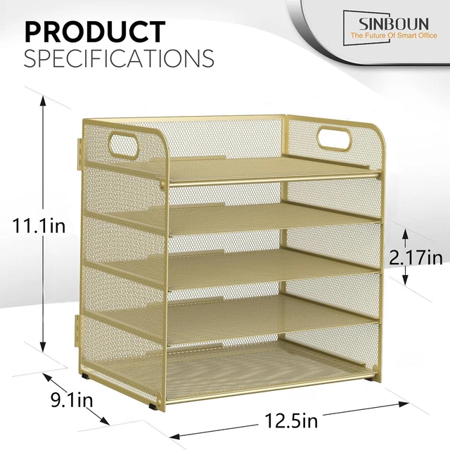Alt view image 2 of 6 - Letter Tray Paper Organizer 5-Tier Desk Organizer File Organizer Paper Holder with Handle, Metal Desktop Document Shelf Tray Office Classroom Organization - Gold