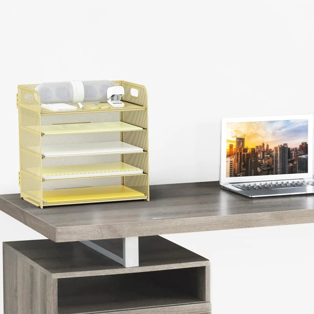 Alt view image 3 of 6 - Letter Tray Paper Organizer 5-Tier Desk Organizer File Organizer Paper Holder with Handle, Metal Desktop Document Shelf Tray Office Classroom Organization - Gold