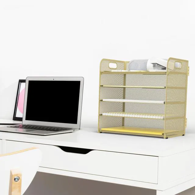 Alt view image 4 of 6 - Letter Tray Paper Organizer 5-Tier Desk Organizer File Organizer Paper Holder with Handle, Metal Desktop Document Shelf Tray Office Classroom Organization - Gold
