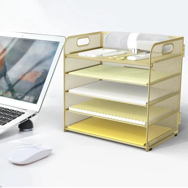 Alt view image 6 of 6 - Letter Tray Paper Organizer 5-Tier Desk Organizer File Organizer Paper Holder with Handle, Metal Desktop Document Shelf Tray Office Classroom Organization - Gold