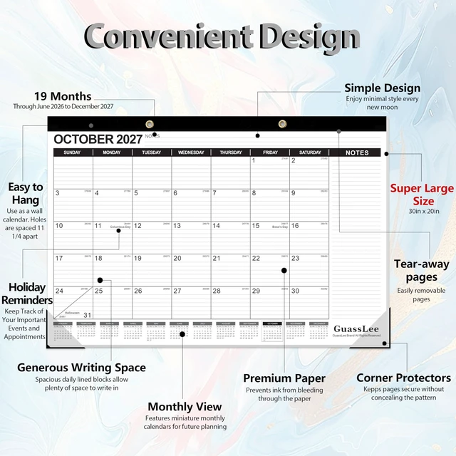 Alt view image 4 of 7 - Extra Large Desk Calendar 2026, 19 Months Jumbo Desk/Wall Calendar from Jun. 2026 through Dec. 2027, 30 x 20 Inches Hanging Planner with Julian Date, Notes for Home School Office Organizing