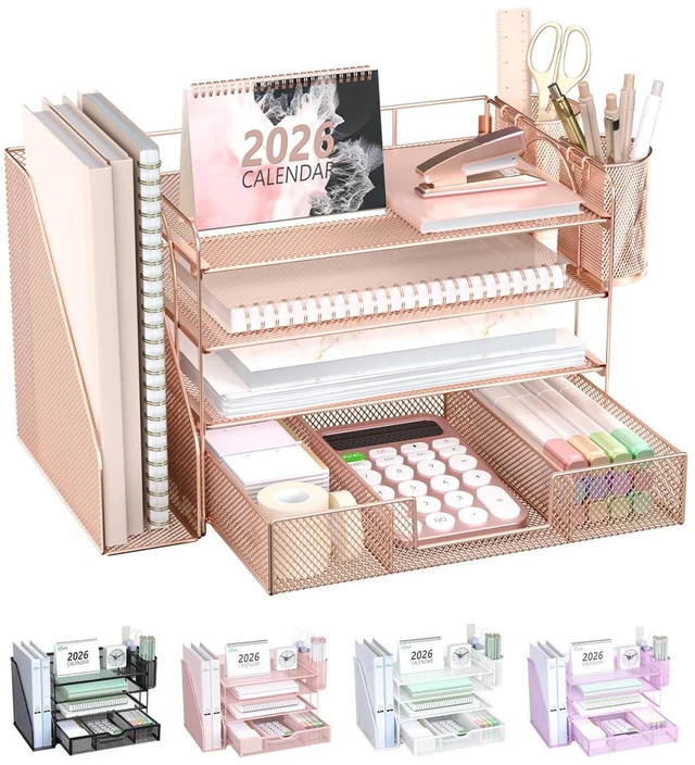 Main image of Desk File Organizer, 4 Tier Desktop Paper Letter Tray Organizer with Drawer and 2 Pen Holders, Office Desk Accessories & Workspace Organizers for Office, Home, School Supplies, 1 Pack, Rose Gold