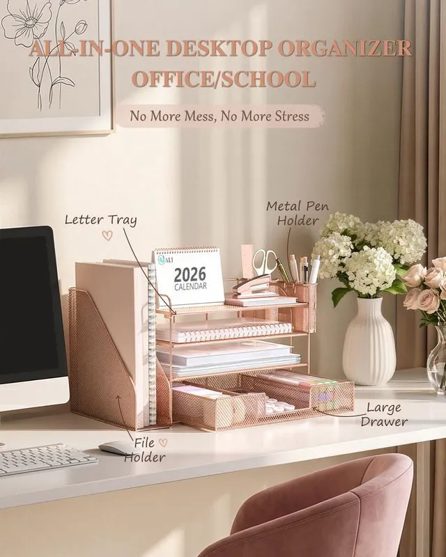 Alt view image 2 of 7 - Desk File Organizer, 4 Tier Desktop Paper Letter Tray Organizer with Drawer and 2 Pen Holders, Office Desk Accessories & Workspace Organizers for Office, Home, School Supplies, 1 Pack, Rose Gold
