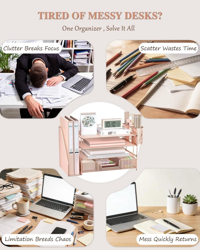 Alt view image 3 of 7 - Desk File Organizer, 4 Tier Desktop Paper Letter Tray Organizer with Drawer and 2 Pen Holders, Office Desk Accessories & Workspace Organizers for Office, Home, School Supplies, 1 Pack, Rose Gold