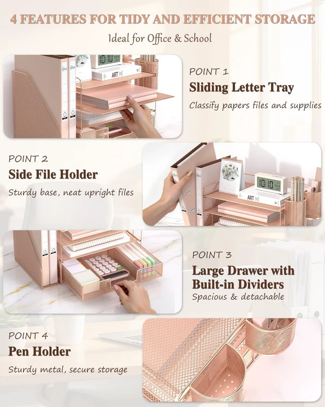 Alt view image 4 of 7 - Desk File Organizer, 4 Tier Desktop Paper Letter Tray Organizer with Drawer and 2 Pen Holders, Office Desk Accessories & Workspace Organizers for Office, Home, School Supplies, 1 Pack, Rose Gold