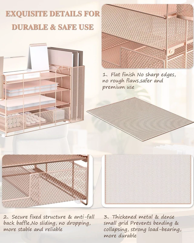 Alt view image 5 of 7 - Desk File Organizer, 4 Tier Desktop Paper Letter Tray Organizer with Drawer and 2 Pen Holders, Office Desk Accessories & Workspace Organizers for Office, Home, School Supplies, 1 Pack, Rose Gold