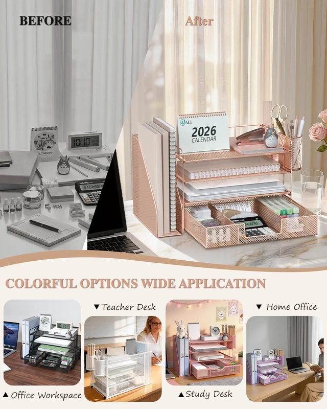 Alt view image 6 of 7 - Desk File Organizer, 4 Tier Desktop Paper Letter Tray Organizer with Drawer and 2 Pen Holders, Office Desk Accessories & Workspace Organizers for Office, Home, School Supplies, 1 Pack, Rose Gold