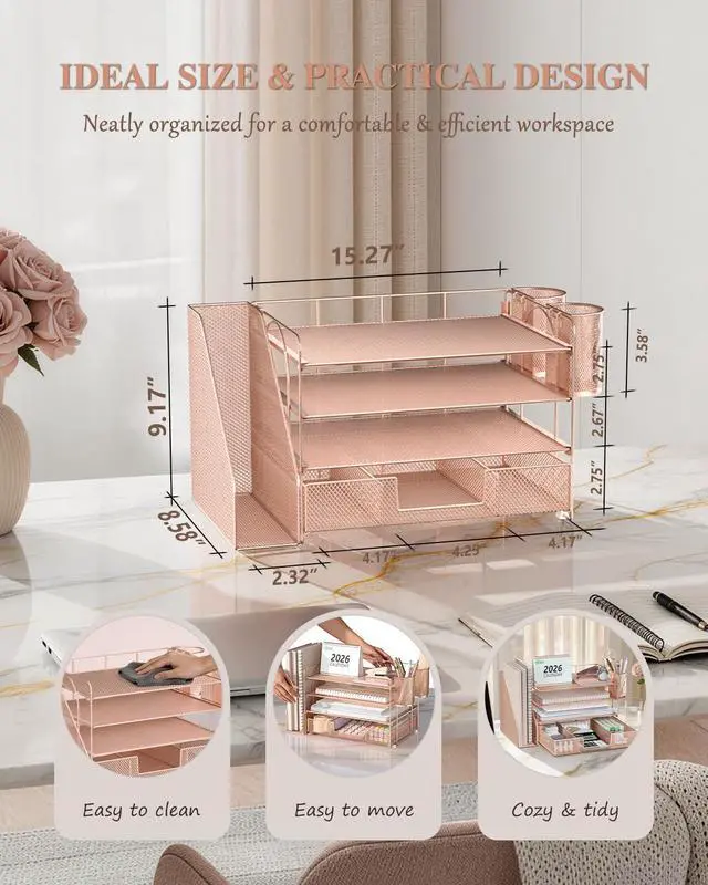 Alt view image 7 of 7 - Desk File Organizer, 4 Tier Desktop Paper Letter Tray Organizer with Drawer and 2 Pen Holders, Office Desk Accessories & Workspace Organizers for Office, Home, School Supplies, 1 Pack, Rose Gold