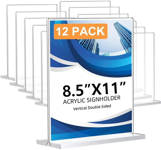 Main image of 12 Pack Acrylic Sign Holder 8.5 x 11, Double-Sided Clear Sign Holder Plastic Stands for Display, T Shape Acrylic Table Sign Stands for Office Store Restaurants Wedding Party Decoration
