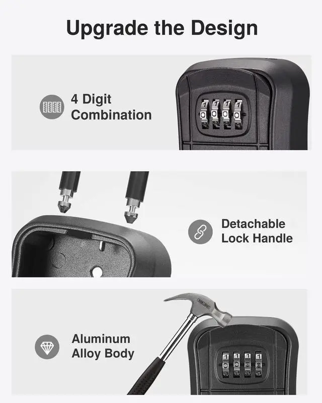 Alt view image 4 of 7 - Key Lock Box Outdoor 4 Digit Code Combination Lockbox House, 2 Black For Contractors Guest Realtor Storage Keys, Portable, Home Wall Mount, Resettable, Combination, Weatherproof, High-capacity
