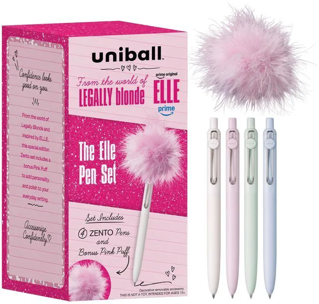 Main image of uniball The Elle Pen Set, Zento Gel Pens, Black Ink, 4 Count Pink Puff included, 0.7mm Medium Point, Retractable, Smooth Writing, Quick-Drying, No Smear, No Bleed