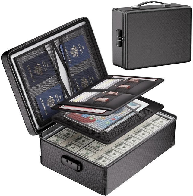 Main image of Fireproof Document Box with Lock - 12 Layers Heat Insulated, Black File Organizer Hard Case Safe Box with Fireproof Zipper, Home Safe Protects Important Documents, Passport, Cash