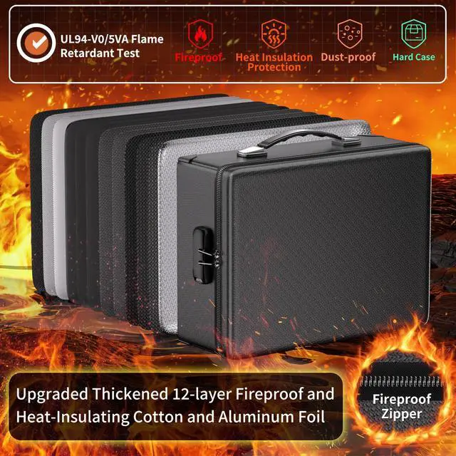 Alt view image 2 of 7 - Fireproof Document Box with Lock - 12 Layers Heat Insulated, Black File Organizer Hard Case Safe Box with Fireproof Zipper, Home Safe Protects Important Documents, Passport, Cash