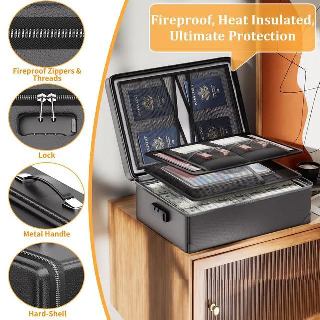 Alt view image 7 of 7 - Fireproof Document Box with Lock - 12 Layers Heat Insulated, Black File Organizer Hard Case Safe Box with Fireproof Zipper, Home Safe Protects Important Documents, Passport, Cash