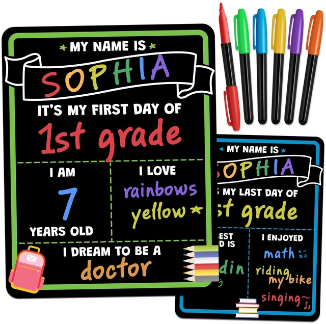 Main image of First Day of School Sign Board with Liquid Chalk Markers - 14x11 Double-Sided & Reusable Board - My First and Last Day - Back to School Supplies - First Day of Kindergarten Preschool