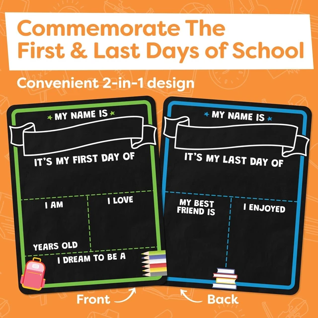 Alt view image 2 of 7 - First Day of School Sign Board with Liquid Chalk Markers - 14x11 Double-Sided & Reusable Board - My First and Last Day - Back to School Supplies - First Day of Kindergarten Preschool