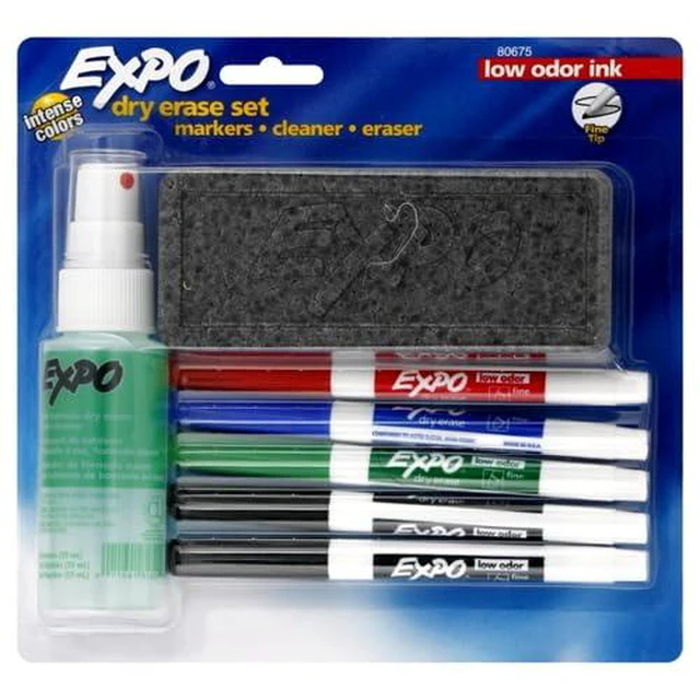 Alt view image 2 of 7 - Dry Erase Markers Kit, Fine Tip, Assorted Colors, Eraser, Spray Cleaner, 28 Count, Pack of 4