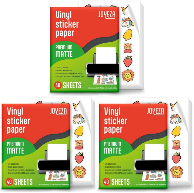 Main image of Premium Printable Vinyl Sticker Paper for Inkjet Printer - 40 Sheets Matte White Waterproof, Dries Quickly Vivid Colors, Holds Ink Well- Tear Resistant - Inkjet & Laser Printer (Pack of 3)
