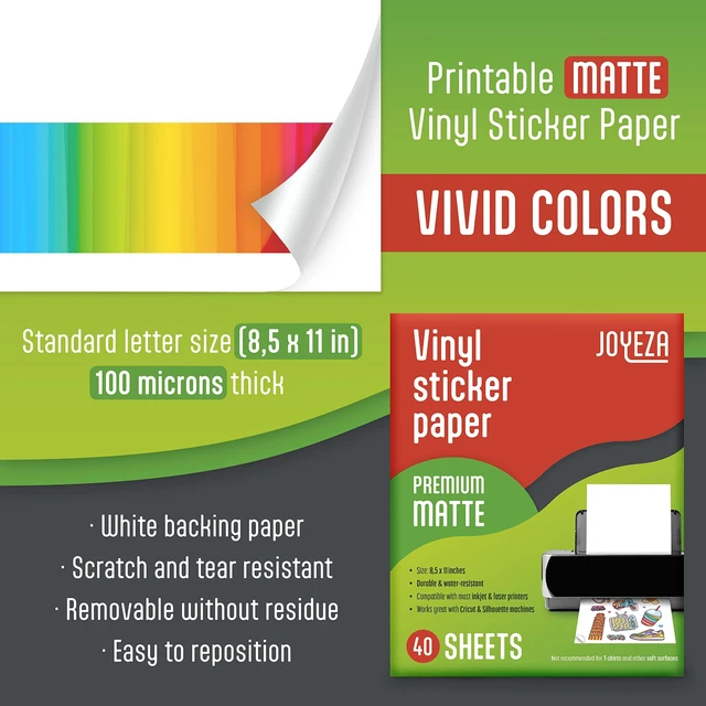 Alt view image 2 of 7 - Premium Printable Vinyl Sticker Paper for Inkjet Printer - 40 Sheets Matte White Waterproof, Dries Quickly Vivid Colors, Holds Ink Well- Tear Resistant - Inkjet & Laser Printer (Pack of 3)
