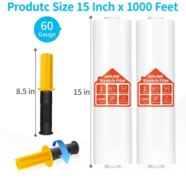 Alt view image 2 of 7 - Stretch Film, 15" x 1000' Shrink Pallet Wrap W/Handles, 60 Gauge 2 Pack Clear stretch wrap Rolls, Industrial Strength Heavy Duty Plastic Stretch Wrap Moving, Packing, and Shipping