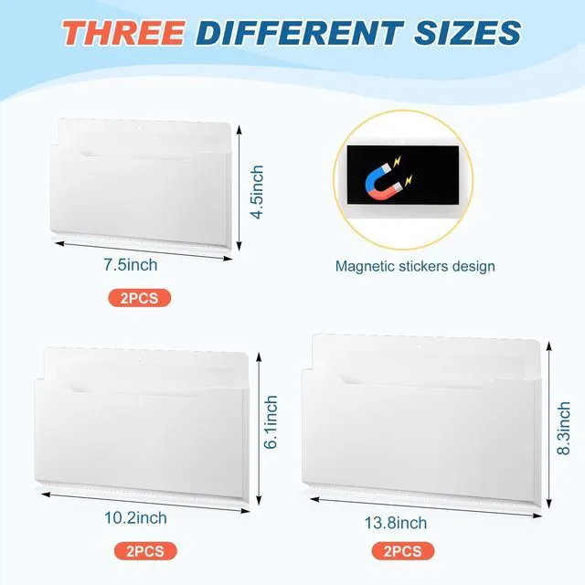 Alt view image 2 of 6 - Magnetic Wall File Holder,6pcs,White,Horizontal-3 Mixed Size Magnetic Organizer Folder for Refrigerator Office, Paper Holder for Mail Letters Magazines, Wall Mount File Pocket