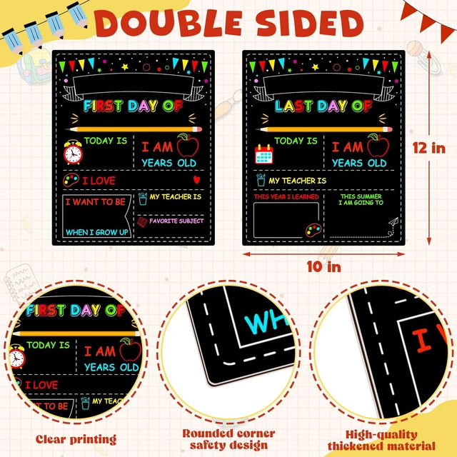 Alt view image 2 of 7 - 3PCS 1st Day of School Sign Board, Back to School Chalkboard for Kids 10 × 12 Inches Back to School Chalkboard, Double-Sided First Day & Last Day of Preschool board, Reusable School Board
