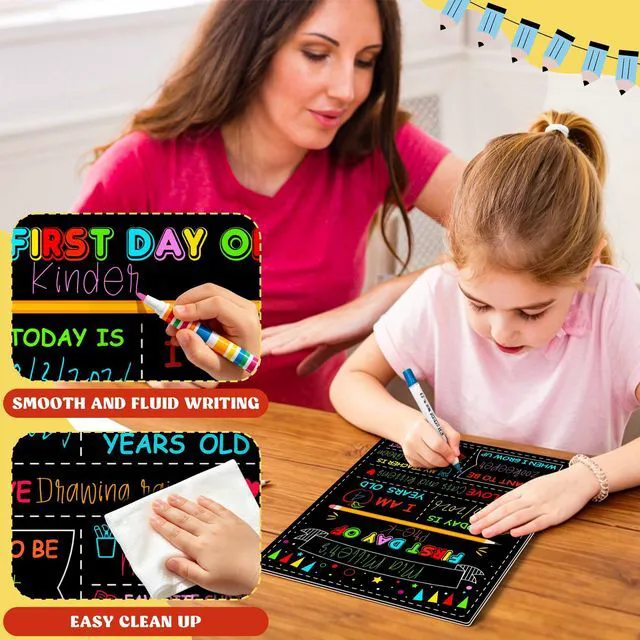 Alt view image 3 of 7 - 3PCS 1st Day of School Sign Board, Back to School Chalkboard for Kids 10 × 12 Inches Back to School Chalkboard, Double-Sided First Day & Last Day of Preschool board, Reusable School Board
