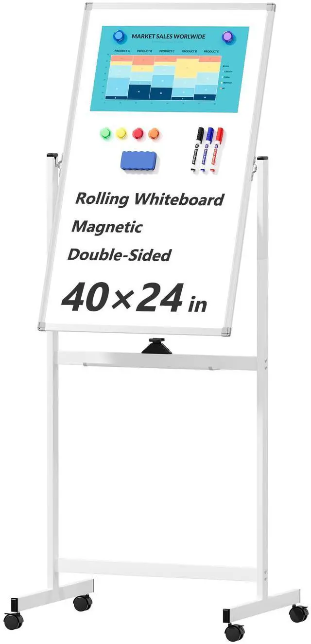 Main image of Large Rolling Whiteboard on Wheels, 40" x 24" Double-Sided Mobile White Board with Stand, Portable Standing Magnetic Dry Erase Board Easel for Home Office Classroom School, Silver