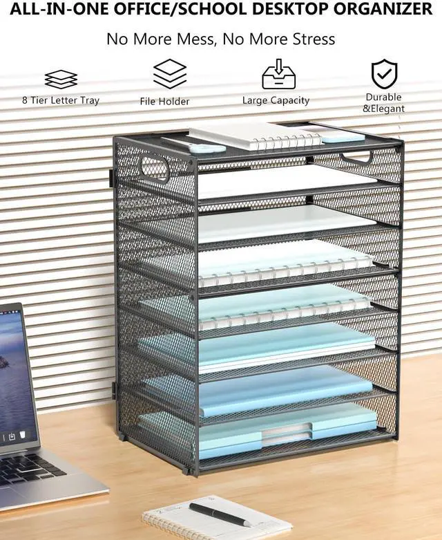 Alt view image 3 of 7 - Desk File Organizer, 8 Tier Desktop Paper Letter Tray Organizer with Handle, Office Desk Accessories & Workspace Organizers for Office, Home, School Supplies, 1 Pack, Black