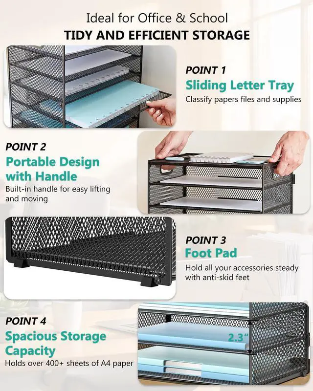 Alt view image 4 of 7 - Desk File Organizer, 8 Tier Desktop Paper Letter Tray Organizer with Handle, Office Desk Accessories & Workspace Organizers for Office, Home, School Supplies, 1 Pack, Black