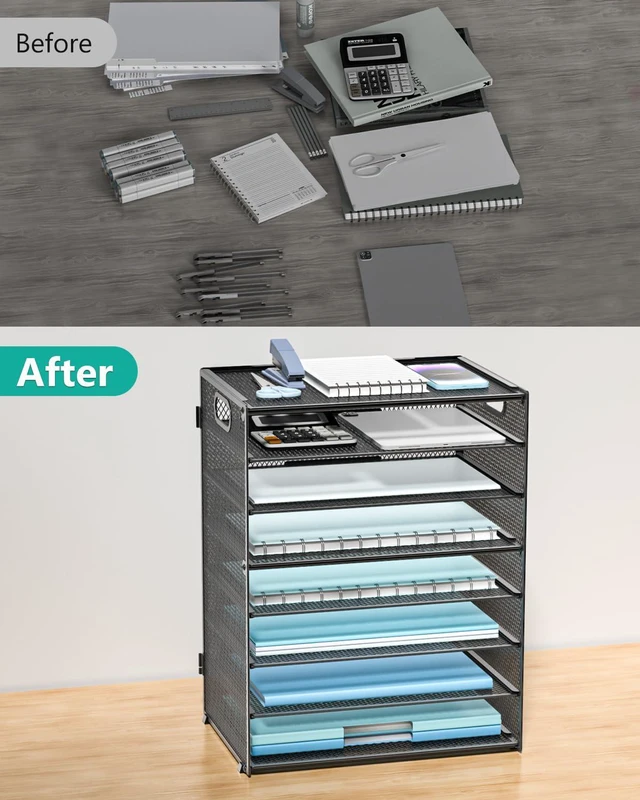 Alt view image 6 of 7 - Desk File Organizer, 8 Tier Desktop Paper Letter Tray Organizer with Handle, Office Desk Accessories & Workspace Organizers for Office, Home, School Supplies, 1 Pack, Black