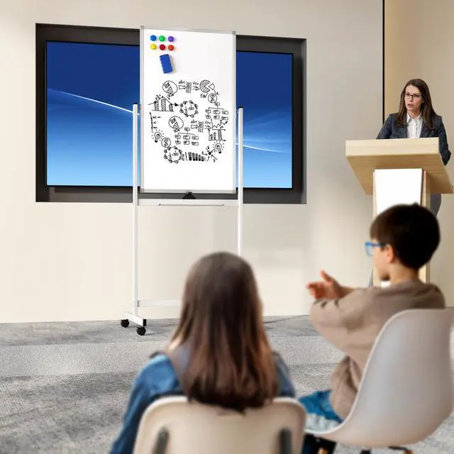 Alt view image 2 of 7 - Large Rolling Whiteboard on Wheels, 40" x 24" Double-Sided Mobile White Board with Stand, Portable Standing Magnetic Dry Erase Board Easel for Home Office Classroom School, Silver