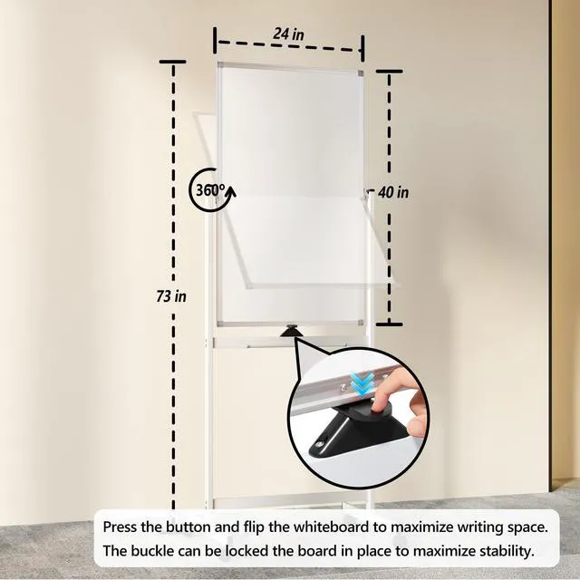 Alt view image 3 of 7 - Large Rolling Whiteboard on Wheels, 40" x 24" Double-Sided Mobile White Board with Stand, Portable Standing Magnetic Dry Erase Board Easel for Home Office Classroom School, Silver