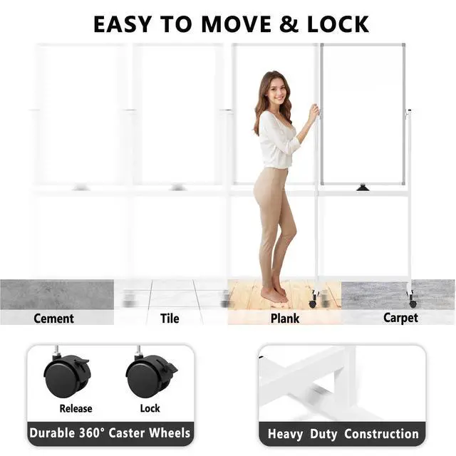Alt view image 4 of 7 - Large Rolling Whiteboard on Wheels, 40" x 24" Double-Sided Mobile White Board with Stand, Portable Standing Magnetic Dry Erase Board Easel for Home Office Classroom School, Silver