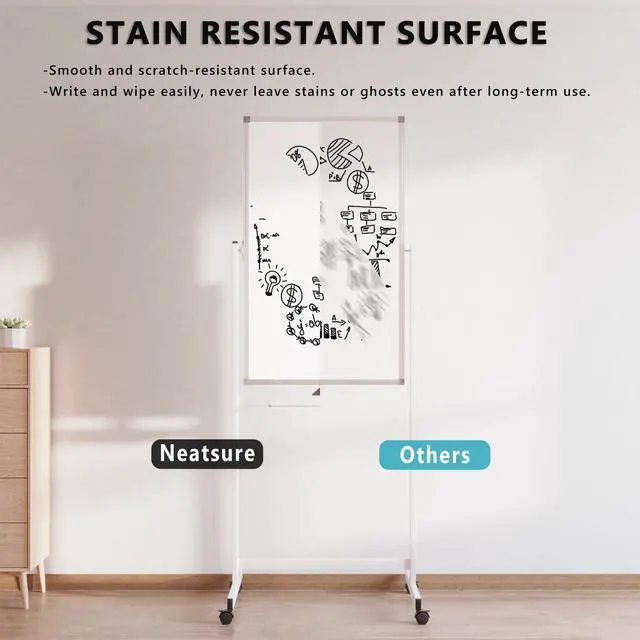 Alt view image 5 of 7 - Large Rolling Whiteboard on Wheels, 40" x 24" Double-Sided Mobile White Board with Stand, Portable Standing Magnetic Dry Erase Board Easel for Home Office Classroom School, Silver