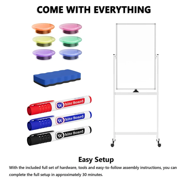 Alt view image 6 of 7 - Large Rolling Whiteboard on Wheels, 40" x 24" Double-Sided Mobile White Board with Stand, Portable Standing Magnetic Dry Erase Board Easel for Home Office Classroom School, Silver