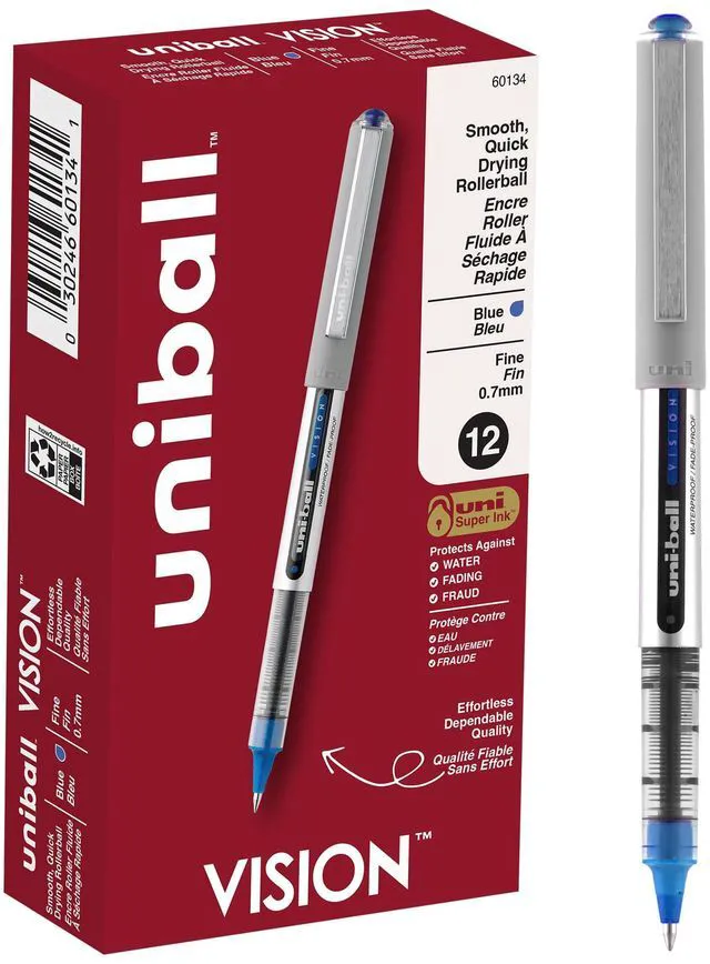 Main image of uniball Vision Rollerball Pens with 0.7mm Fine Point, Blue, 12 Count