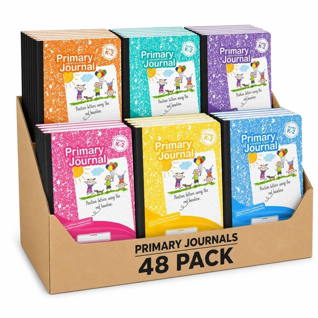Main image of Primary Composition Notebook K-2, Primary Journal Grades K 2, Preschool, 1st Grade, Kindergarten Notebooks, Primary Ruled - 9.75 x 7.50 - Sturdy Covers - 100 Sheets - Assorted Colors (Bulk - 48 Pack)