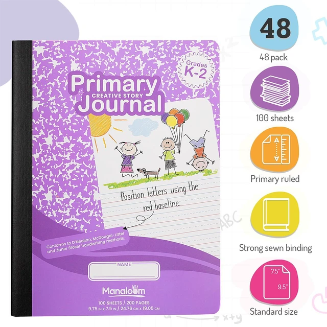 Alt view image 2 of 5 - Primary Composition Notebook K-2, Primary Journal Grades K 2, Preschool, 1st Grade, Kindergarten Notebooks, Primary Ruled - 9.75 x 7.50 - Sturdy Covers - 100 Sheets - Assorted Colors (Bulk - 48 Pack)