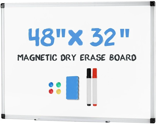 Main image of Magnetic White Board Kit for Wall 48" x 32", Dry Erase Board with 1 Dry Eraser & 2 Multicolor Markers & 4 Magnetic Pins, Silver Reinforced Aluminum Frame for Home, School, Office