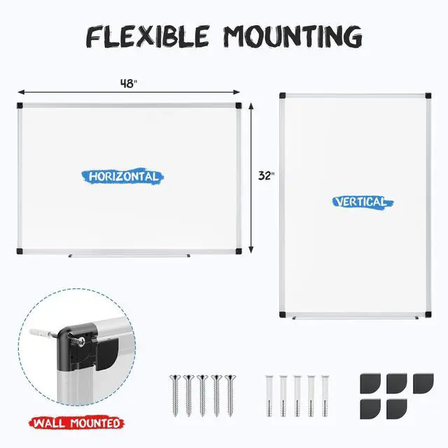 Alt view image 6 of 7 - Magnetic White Board Kit for Wall 48" x 32", Dry Erase Board with 1 Dry Eraser & 2 Multicolor Markers & 4 Magnetic Pins, Silver Reinforced Aluminum Frame for Home, School, Office