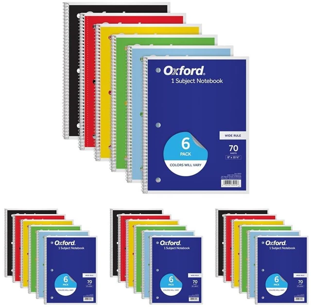 Main image of Spiral Notebooks,1 Subject,Wide Ruled Notebooks for School,8 x 10.5 Inches,70 Sheets,Assorted Colors,Back to School Supplies (65010),6 Count (Pack of 4)