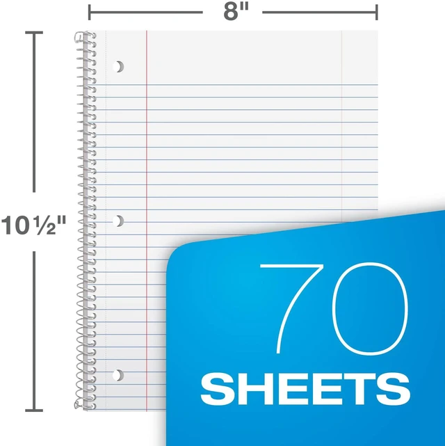 Alt view image 2 of 7 - Spiral Notebooks,1 Subject,Wide Ruled Notebooks for School,8 x 10.5 Inches,70 Sheets,Assorted Colors,Back to School Supplies (65010),6 Count (Pack of 4)