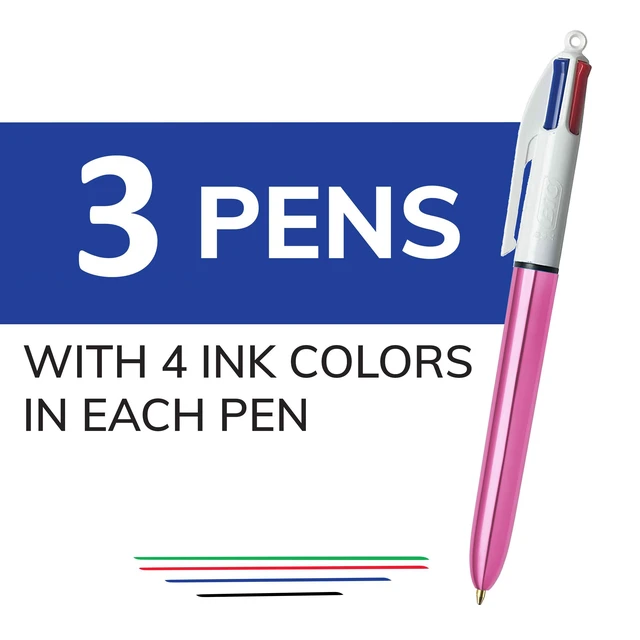 Alt view image 2 of 6 - 4 Color Shine Retractable Ballpoint Pen, 1.0 mm Point, 3-Count Assorted Wide Barrel for Comfort, Pink Metallic Barrels, Smooth Writing Experience, Long-Lasting Ink Supply, Assorted Ink Colors