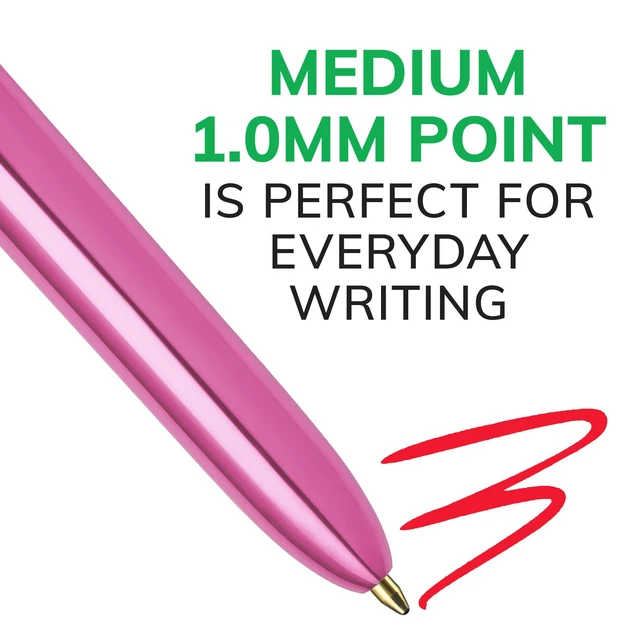 Alt view image 3 of 6 - 4 Color Shine Retractable Ballpoint Pen, 1.0 mm Point, 3-Count Assorted Wide Barrel for Comfort, Pink Metallic Barrels, Smooth Writing Experience, Long-Lasting Ink Supply, Assorted Ink Colors