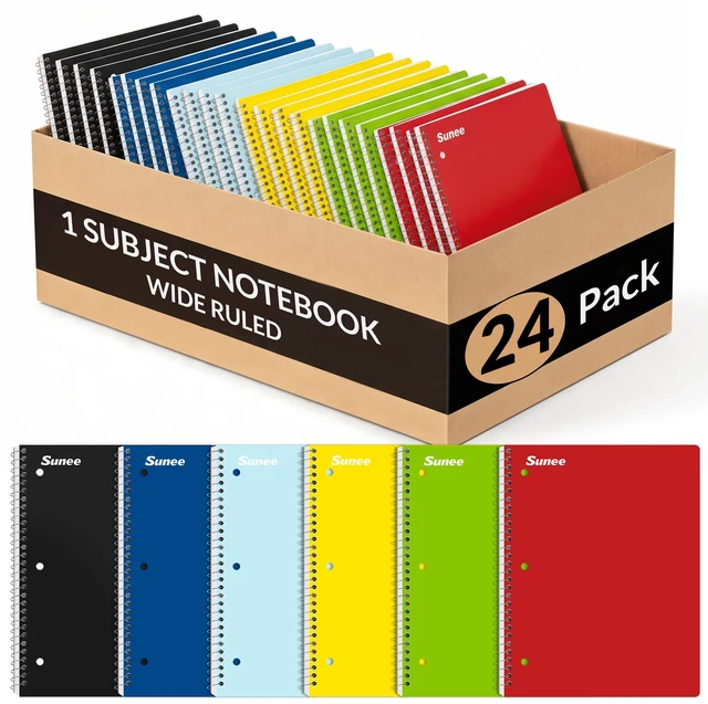 Main image of Spiral Notebooks, 1-Subject, 24 Pack, Wide Ruled Paper, 8" x 10-1/2", 70 Sheets per Notebook, 3-Hole Punched Paper, Spiral Lined Notebooks for School, Work, Classic Colors