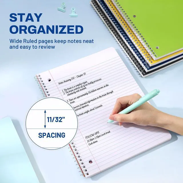Alt view image 5 of 7 - Spiral Notebooks, 1-Subject, 24 Pack, Wide Ruled Paper, 8" x 10-1/2", 70 Sheets per Notebook, 3-Hole Punched Paper, Spiral Lined Notebooks for School, Work, Classic Colors