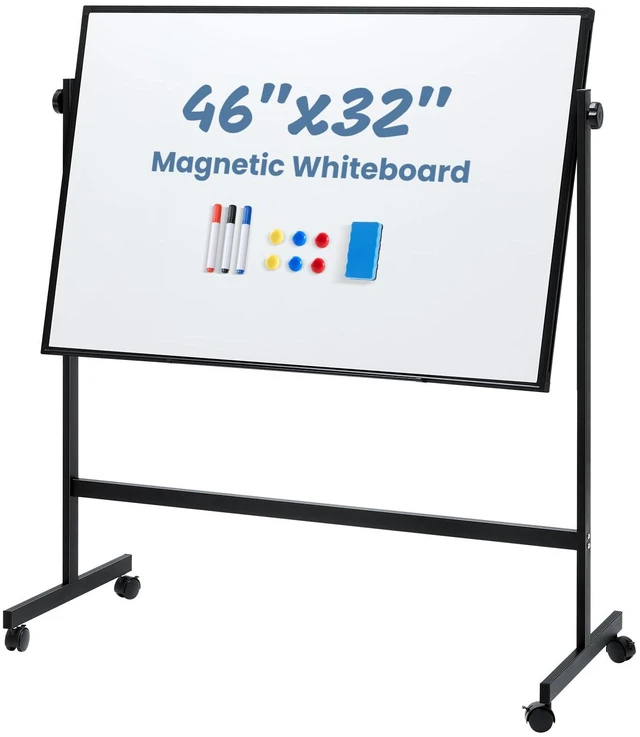 Main image of Rolling Whiteboard Double Sided 46 x 32 Inches, Magnetic White Board Dry Erase on Wheels, Dry Erase Board with Stand for School, Office and Home, Silver Aluminium Frame, Black